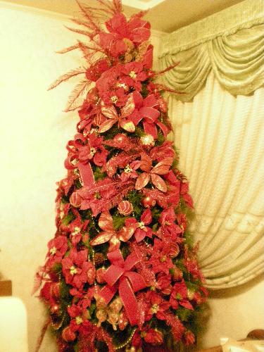 Our Red Tree - Here's a picture of the tree that I mentioned. It's full of ribbons and glittered butterflies and if you'll look at the top it's got a very big bow on it, instead of the traditional angel.