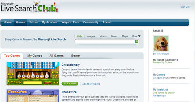 Live Search Club screen shot - This is a screen shot of Live Search Club - a site to earn tickets while playing games, launched by Microsoft