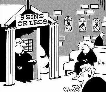 Catholic, Priest, Confession - A cartoon image of a priest in a confession session. Priest - a religious clergyman who is trained to perform services or sacrifices at a church or temple. Confession - the disclosure of one's sins to a priest for absolution. Now termed the sacrament of reconciliation.