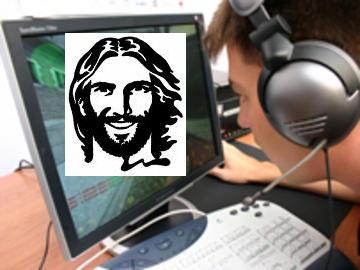 Jesus and the online gamer - A snapshot of an online gamer with the face of Jesus posted on the computer's monitor. Gamer - a person who plays games, particularly video games. Jesus - a Jewish man whom Christians name Jesus Christ in belief that he is the Messiah.