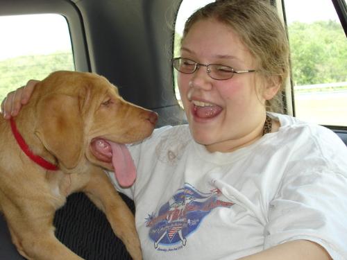 Enjoying a good joke together - This is a picture of my step-daughter and a dog that we had rescued from an abusive home. We were on our way to deliver the dog to his new home, where he is now a happy and loved member of the family. I wish we could have kept him. In the picture he is a puppy of about 4 months. He now weighs over 125#, and our home is just too small for him.