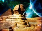 egypt - Sphinx in front of the Great Pyramid and blue moon with stars.