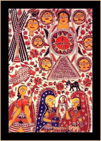 Madhubani Painting - The art of Madhubani painting, is the traditional style developed in the Mithila region, in the villages around Madhubani, Bihar. Madhubani literally means a forest of honey. This style of painting has been traditionally done by the women of the region, though today men are also involved to meet the demand. The work is done on freshly plastered or a mud wall. For commercial purposes, the work is now being done on paper, cloth etc. -- Indian-heritage.org