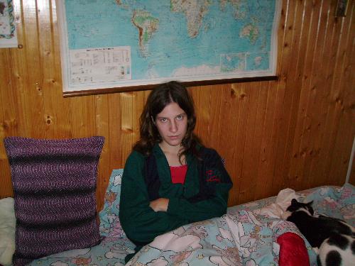 Girlfriend really upset because the cats took her  - I see the title even rhymes but it's true. You can see from her face that she wasn't very happy as two of her cats (Sutu and Lutu) took over her bed and were sleeping close by.