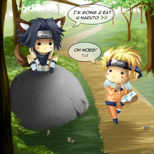 I am going to eat you naruto! - This is a piece of fanart drawn by the user by Kathy. P. Macropol. It contains fan interpretations of the characters naruto and Sasuke from the anime naruto. It is called little orange naruto. Find it on Elfwoods fan art section.