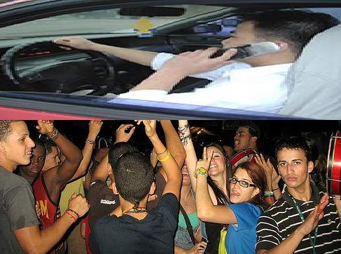 Cellphone and Noisy People - A snapshot of a man using his cellphone while driving, and a group of young people who are having fun and making some noise.
