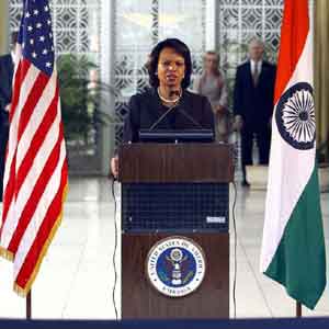 Rice - US Secretary of State Condoleezza Rice addressing a news conference in New Delhi.