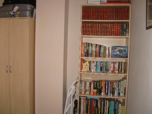 bookshelves - This is my little bookshelves in my bedroom they are my own collections. There is another room for books in my house we call it a little library where somebody can read it in there while having a cup of tea if they are interested in reading and they can have a privacy without disturbance. I prefer most of the time to read it in my bedroom than in the other room, I am not the genius but books became a part of my leisure time.