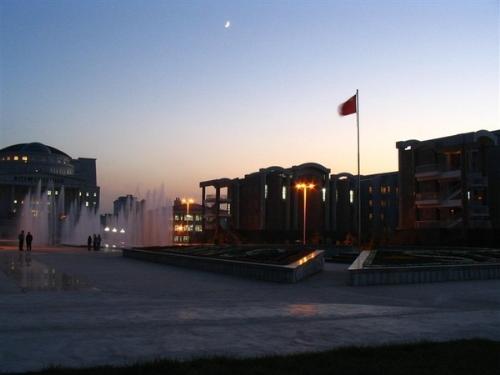 sunset scene - fountain square in the shine of sunset beautiful scenery