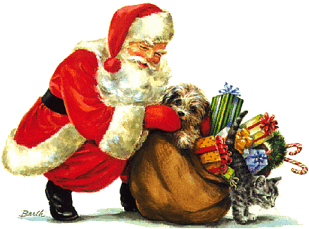 Santa with dog and cat. - Public domain picture. But dogs and cats should never be given as holiday presents. Too much going on during that time period and they aren't like stuffed animals, they are real family members. Take care.