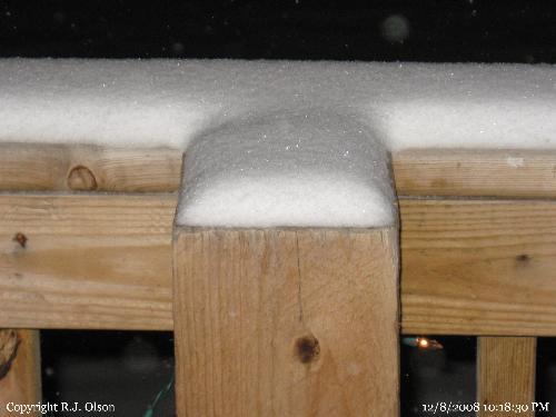 First 2 inches - I love this shot of my deck railing covered in fluffy fresh snow. First 2 inches - I love this shot of my deck railing covered in fluffy fresh snow.