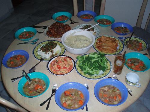 Food for 11 people - Let the feast being :)  A gathering of friends, food, and drinks :)