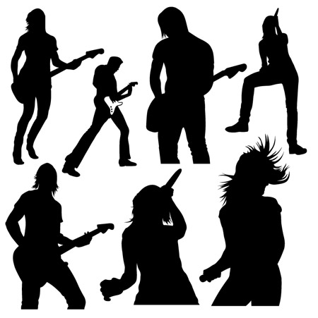 music - silhouettes of various musicians black and white