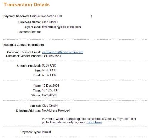 CIAO Proof - Payment Proof from CIAO. CIAO pays..!