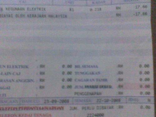 My December 2008 electricity bill - For this month, I made it again, with RM0 payment for electricity bill :)