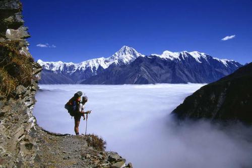 The Himalaya - lake of cloud near the Everest peak. The amassing Himalaya.