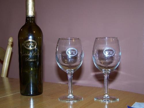 Williamsburg Winery - Our tasting glasses and a bottle of wine from the winery