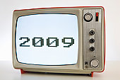 2009 - illustration of A television with a black and white image of '2009'