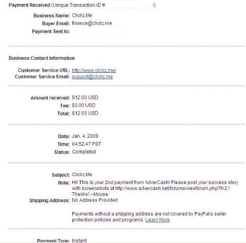 Advercash payout #2 - Today I got my second payout from AdverCash. This time they paid via PayPal! Request date 9/29/08 received 1/4/09. 