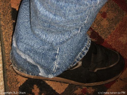 Jean legs - The salt absorbed through the material from sitting on my floor mats of the car. Jean legs - The salt absorbed through the material from sitting on my floor mats of the car.