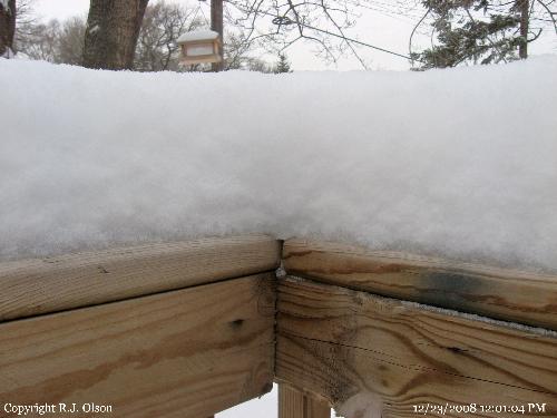 Fresh Snow - A shot of my deck rail out front, of the 6 inches I got on December 23rd.