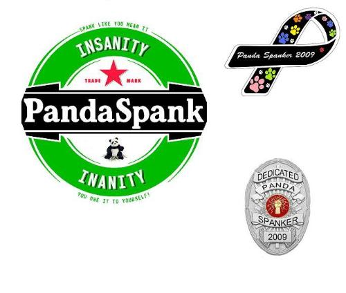 Panda Spanking Merchandise - 1. The main detailed logo is for t-shirts, towels and posters. 2. The smaller ribbon is to be pinned on a lapel or shirt and distributed freely to everyone to raise our profile. 3. The badge is for all officially sanctioned Panda Spankers to prove our status.