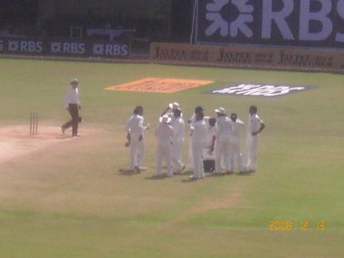 the indian team - this was taken during the final test between india and england at chepauk....the team is having a break after dismissing flintoff..