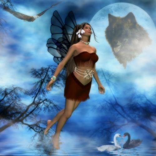 Indian fairy - beautiful indian with wolf, moon, and eagle.