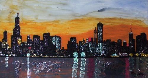 painting of chicago - I paint on glass in reverse. so i paint on the back but you look at the front through the glass to see the paint. I live in chicago and love the skyline. I enjoy painting on glass and use recycled glass for my art.