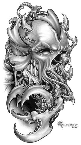 tattoo idea - i want this tattoo as a Grim Reaper head i just want a few things chaged all the stuff around the mouth needs to be taken off all i wanna keep are the teeth the horns and the blade on his head