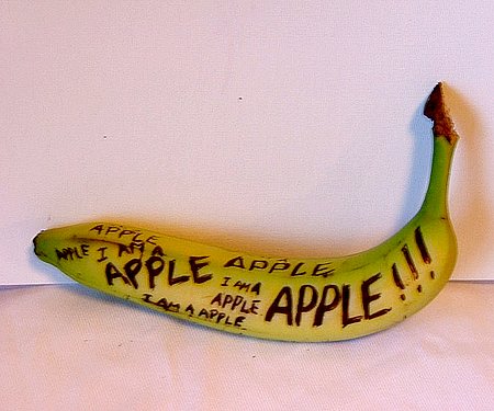 banana art - its funny. banana posing herself as apple. I guess its all because of the saying an apple a day...everybody has started neglecting the banana.
