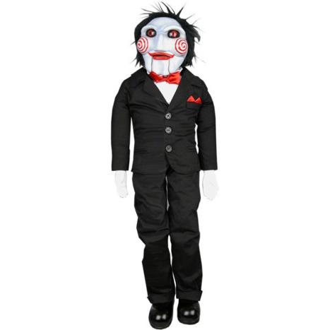 The jigsaw  - its an portrayal of how jigsaw disguises when he either kidnaps people or talks to them over the television screen. this along with the grounding voice makes it totally scary.
