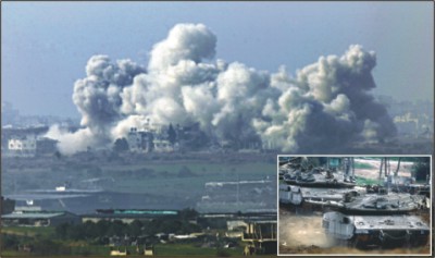 Help them - A bomb dropped by an Israeli air force jet explodes in Jabalia in northern Gaza. Inset, Israeli tanks roll on towards the Gaza Strip from the Israel-Gaza border yesterday. Israeli troops and armour pushed deeper into Gaza's main city.Photo: AFP  Fighting rages in Gaza Israel hints at ending 'war on Hamas'; 26 more Palestinians killed; Death toll nearly 900; UN aid agency resumes operationIsrael indicated for the first time yesterday that an end was in sight to its war on Hamas, amid some of the heaviest clashes of an offensive that has killed nearly 900 people in the Gaza Strip.  Infantry units backed by tanks pushed deeper into Gaza's main city, sparking some of the fiercest battles yet of the 16-day-old war Israel launched in response to rocket fire from their stronghold.  But Israeli officials suggested the Jewish state was nearing the end of its deadliest ever offensive in the Palestinian enclave, despite having last week waved off a UN Security Council resolution calling for a halt to the fighting.  'The decision of the (UN) Security Council doesn't give us much leeway,' Deputy Defence Minister Matan Vilnai told public radio. 'Thus it would seem that we are close to ending the ground operation and ending the operation altogether.'  Earlier Prime Minister Ehud Olmert said the Jewish state was nearing the goals it had set for its operation, but said fighting would continue for the time being.  'Israel is approaching these goals, but more patience and determination are required in order to reach these goals' and 'change the security reality in the south in a way that will allow our citizens to live in security and stability over a long period of time,' Olmert said at the start of the cabinet meeting.  Both Israel and Hamas last week brushed off the UN Security Council resolution that called on both sides to stop fighting, and the early Sunday hours saw Israeli troops push deep into the territory's main population centre.Troops crept into the southern Tal al-Hawa neighbourhood in the early morning hours, encountering roadside bombs, mortar and gunfire from Palestinian fighters, witnesses said.  The troops withdrew at daybreak, but hundreds of panicked residents fled from the area, clutching small children and hurriedly-packed bags after a sleepless night.  'We waited until today to flee. We couldn't take anything with us, not even milk for the children,' said Ibtissame Shamallah, 22, holding on to two children as she left.  Civilians again fell victim in Israel's offensive in the Palestinian enclave, one of the world's most densely populated places where every other person of the 1.5 million population is under 18 years of age.  Two women and four children were killed in a strike on a house in Beit Lahiya, medics and witnesses said. Twelve bodies were pulled from the rubble in Tal al-Hawa, 10 of them fighters, medics said.  Hamas and its allies fired more than 10 rockets into Israel, with the projectiles slamming as far as 40 kilometres (24 miles) inside the Jewish state, without causing injuries.  Defence Minister Ehud Barak told reporters that Israel was 'examining the diplomatic channel' while continuing its offensive.  'There's no contradiction between the two,' said Barak, who is due to again send senior aide Amos Gilad to Cairo in the coming days for Egyptian-led talks on ending the war.  Israeli warplanes bombed more than 60 targets throughout the Gaza Strip overnight and into morning, hitting weapons depots and smuggling tunnels as well as a mosque that was allegedly used to store weapons and train fighters, the army said.  In all, at least 26 Palestinians have been killed in clashes on Sunday, medics said.  With the body count spiralling, the exiled political chief of Hamas, Khaled Meshaal, remained defiant, vowing in an address televised late Saturday that the Islamists would not strike a deal on a permanent truce with Israel, a country the group is pledged to destroying.  'We will not accept a permanent truce because ... as long as there is an occupation there is a resistance,' he said, adding that his group will not hold talks on a temporary truce until Israel stops its offensive.  Since the Israeli offensive began on December 27, at least 885 people have been killed, including 275 children, and another 3,620 wounded, according to Gaza medics.  Ten Israeli soldiers and three civilians have been killed in combat or in rocket attacks since the operation began, as Palestinian militants have fired more than 600 rockets, some of them penetrating deeper than ever inside Israel.  Egypt has been spearheading Western-backed efforts to end the fighting, calling for an immediate truce, opening Gaza's border crossings, preventing arms smuggling and a call for Palestinians to resume reconciliation talks.  A senior Israeli official told AFP that Israel was seeking US guarantees to back up any arrangements to stem weapon smuggling into Gaza.  The conflict has sparked worldwide pro-Palestinian demonstrations, including rallies in Europe that drew tens of thousands of protesters.  The UN agency in charge of Palestinian refugees has resumed its operations after suspending them because of Israeli attacks on its convoys. UN Relief and Works Agency spokesman Christopher Gunness said nine aid convoys were planned Sunday, but that the Israeli military had to 'stand up and deliver' on its promises to allow aid to reach Gaza civilians.  But the international Red Cross said Sunday it was halting its service of escorting Palestinian medical teams after one of its ambulances came under fire on Saturday during a three-hour lull declared by Israel to allow aid groups to do their work in besieged areas.  Red Cross spokesman Iyad Nasr said his organization is still investigating the source of the fire.  The Red Cross escorts are meant to provide extra protection to Palestinian ambulances and guarantee that all occupants are civilians. In the past Israel has charged that ambulances have been used to transport militants and arms.