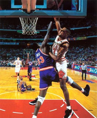 Scottie Pippen posterized Patrick Ewing - A picture of Scottie Pippen dunking over Patrick Ewing on an NBA Playoff game. It was in 1994. The season where Jordan retires for the 1st time and the torch was passed to Scottie Pippen as the leader of the Chicago Bulls. The Knicks won the playoff series but Scottie got the last laugh..