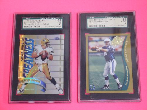 Peyton Manning and Brett Favre - Topps Action Flats Peyton Manning 1998 Rookie Card / 1998 Topps Chrome Refractor Brett Favre