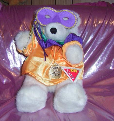 Masquarade Bear - Sweet older white Teddy with satin costume