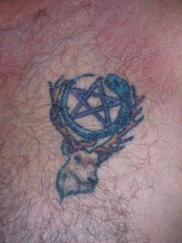 Neo-Pagan tattoo - Symbolic tattoo of circle, pentacle, snake and stag