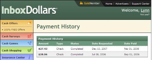 InBoxDollars Payout History - This is a screenshot of my InBoxDollars payout history. As mentioned, I requested payout at the beginning of the month. and it took almost two months for my payment to be mailed. By waiting til nearer the end of the month, the wait time would have been reduced since they only process payouts on the 1st of every month.