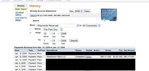 1/12/09 Today.com payment thru Paypal - screen shot of 1/12/09 Today.com payment thru Paypal