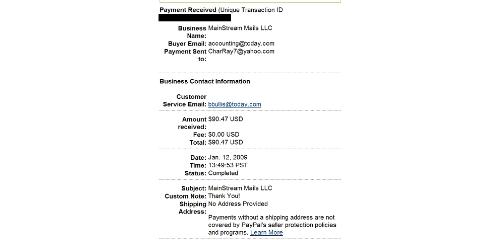 1/12/09 Today.com payment from Paypal - screen shot of 1/12/09 Today.com payment from Paypal