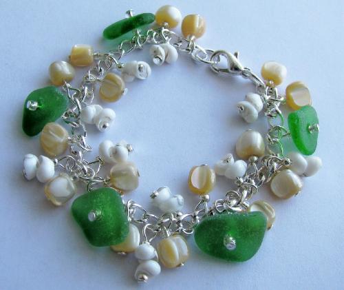 Treasures from the Sea Bracelet- Sea Glass - One of my latest bracelet creations using 5 beautifully frosted, deep green pieces of sea glass. Treasures from the Sea Bracelet- Sea Glass - One of my latest bracelet creations using 5 beautifully frosted, deep green pieces of sea glass.