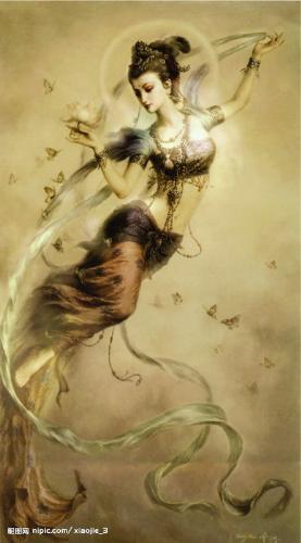 Chinese asparas - The picture describes a fairy flying which is developed from,Dunhuang fesco .We can call it ' apsaras' which originated in India.From this picture,we can see it blends Indian culture,Western culture into Chinese culthure.we can't the long wings for the flying.We can know the fairy is flying by her flowing dress and the ribbon.