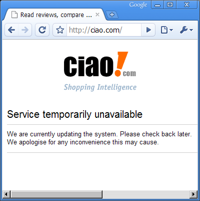 Ciao Offline Page - Ciao is offline for today.