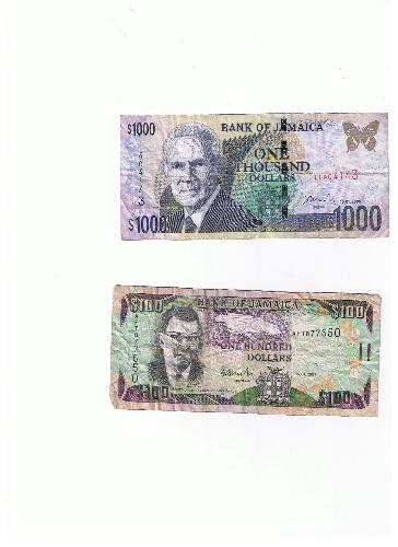 Jamaican currency - the Ja$1000 dollarbbill and Ja$100 dollar bill