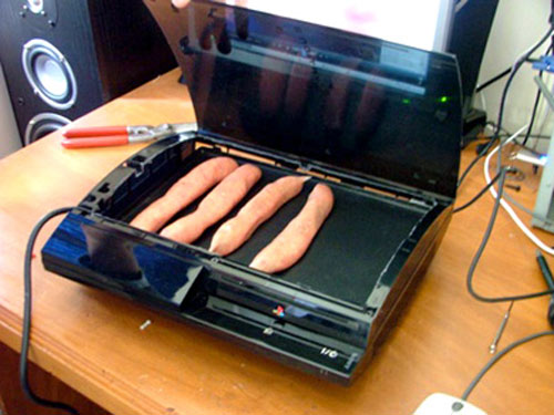 ps3 - the latest invention from sony fully tuned..a ps3 coming along with the grill..two in one machine..very practical..lol