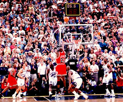 Michael Jordan's last shot as a Bull - It was the game winner of Michael Jordan in the Game 6 of 1998 NBA finals. Utah Jazz was leading by 3 with less than a minute left when Jordan scored on 2 successive plays. After this game, he won his 6th ring and 6th finals MVP. He decided to retire the next season but came back after 2 years but on a Washington Wizards uniform.