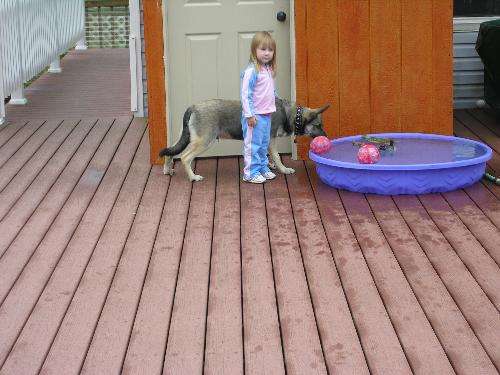 Thunder and Rebecca - Thunder and Rebecca out on the deck, Becca put ducks in the little pool, and Thunder is wondering what are they.