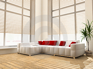 Modern interior - Modern interior design, fancy architecture and fine art. Beautiful white bed placed in a corner of luxury light room. The room has modern parquet and wooden blinds which make shadows on the floor. Red pillows gives the room an elegant accent.
