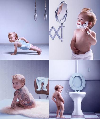 Little baby Superman - Little boy in four different looks being adult - one with a gym accessories, second with tattoos covered back, third with longest squirt ever in his life and fourth one with shaving his not existing beard.