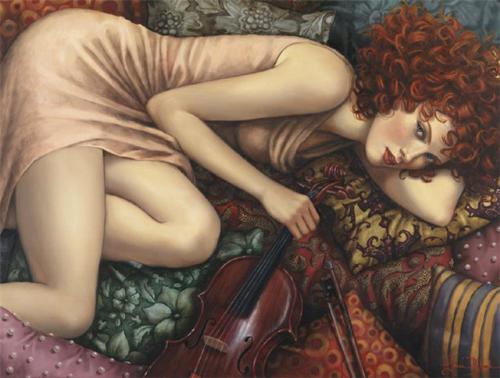 The woman with her red violin - a woman showing her missing her lover holding her red violin